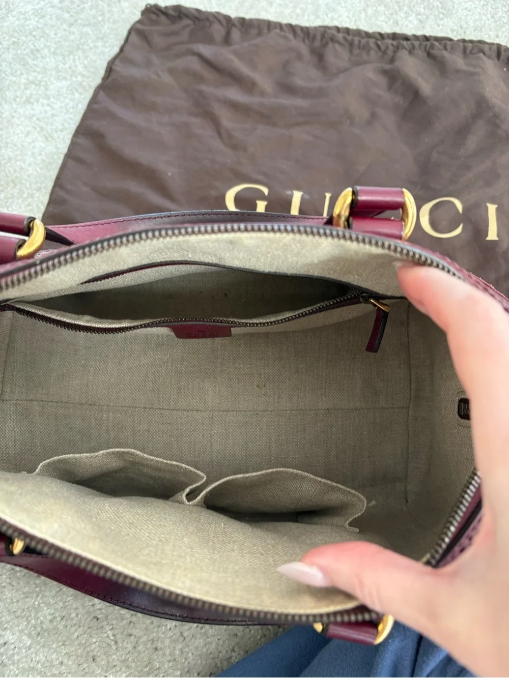 Gucci Burgundy Leather Tassel Satchel with Embossed Monogram